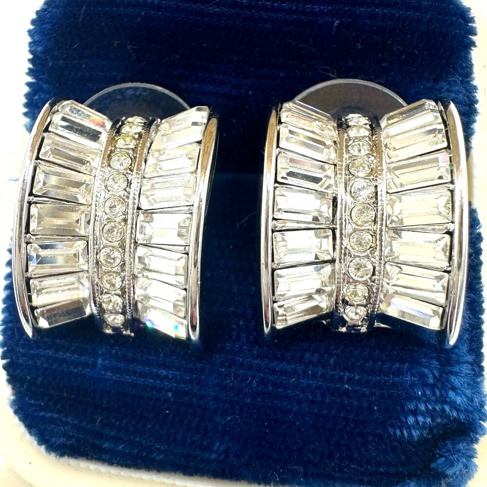 Nolan Miller vintage silver tone clear rhinestones half hoops post earrings